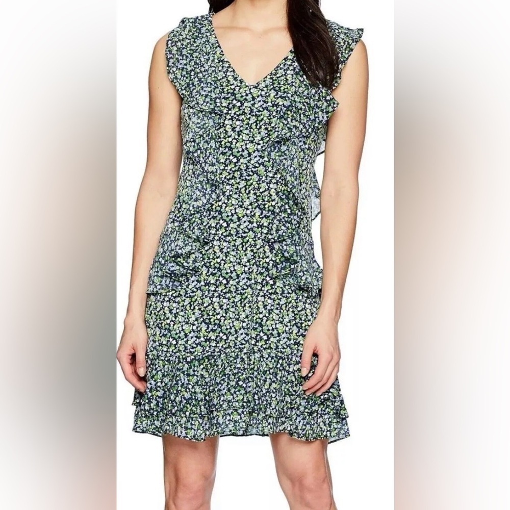 Michael Kors Women’s Small Floral Print Tiered Ruffle Dress blue green flowers